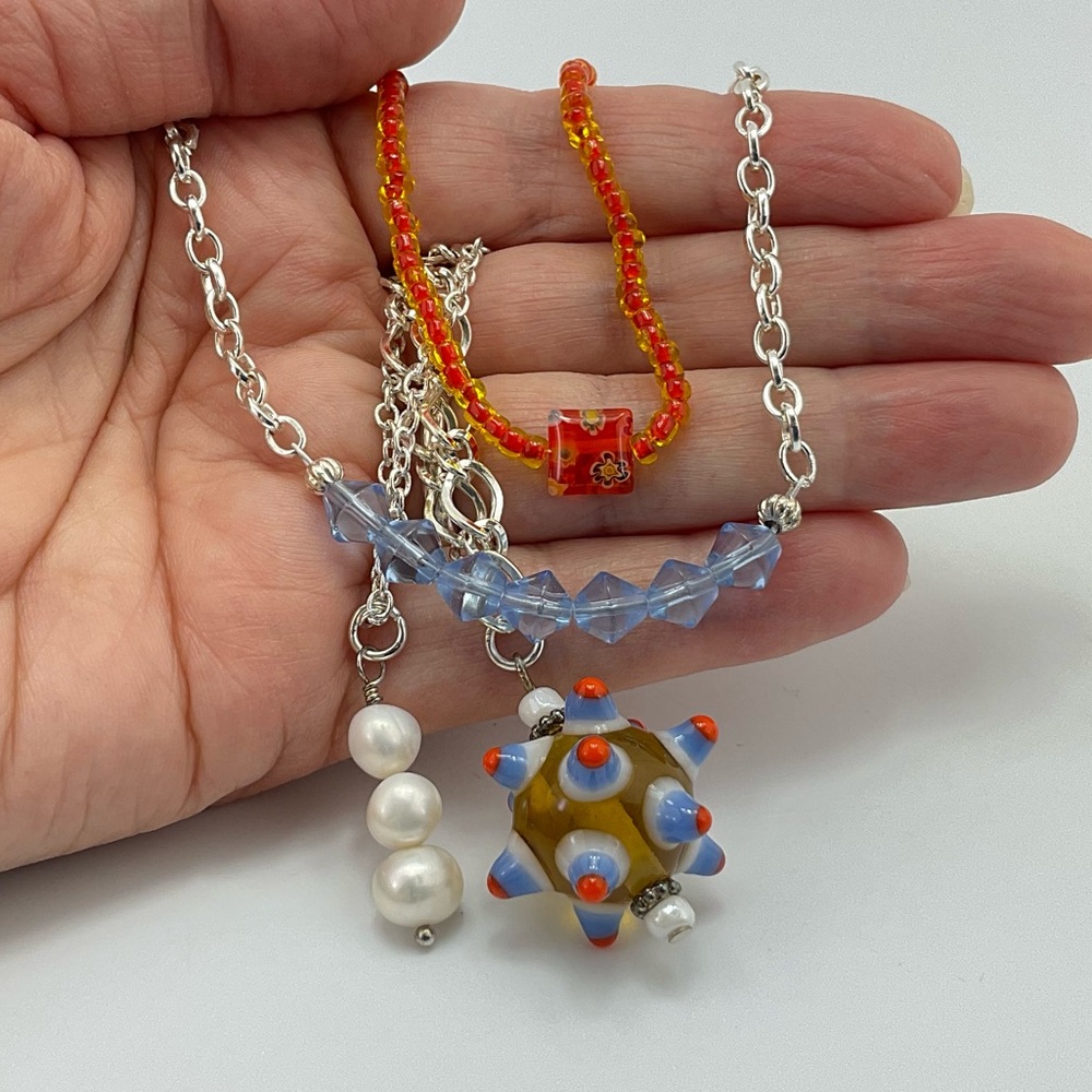 Colorful Layered Necklace Set, Handmade, Pearls, Art Glass Beads, Millefiori - Picture 5 of 8